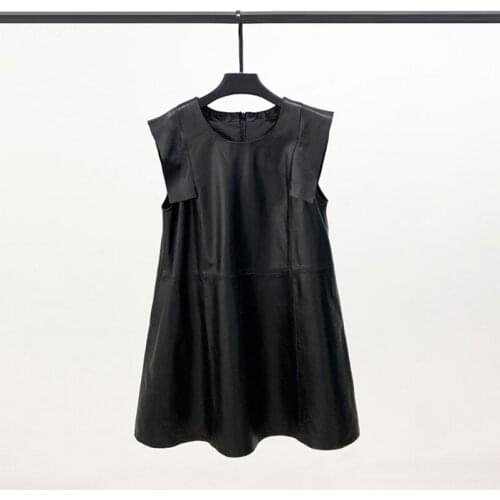 2021 Autumn New Leather Dress Womens Mid-length Kan Sleeve Sheep Leather Skirt A-line Skirt Thin Short Skirt Vestido De Mujer