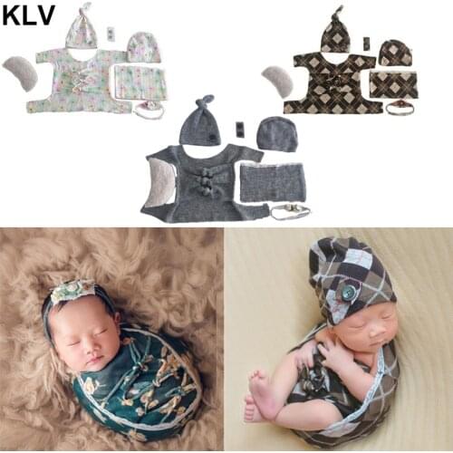 7Pcs/set Newborn Photo Props Floral Bow Baby Photography Costume Kits Wraps Top Knot Hat Headband Posing Pillow 0-2 months