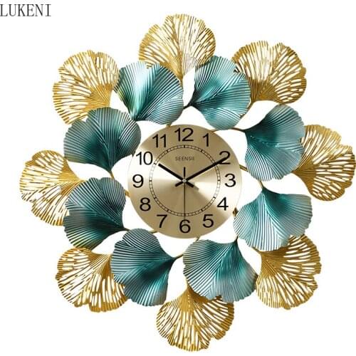 American Wrought Iron Ginkgo Leaf Decorative Wall Clocks Mural Crafts Home Livingroom Silent Clocks Bedroom Wall Decoration Art