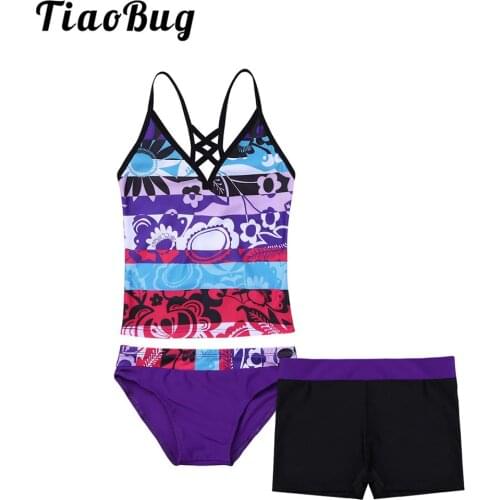 Kids Girls Childrens Swimwear Cute 2 Piece Tankini Floral Printed Swimwear Bathing Suit Set Tops with Bottoms Shorts Beachwear