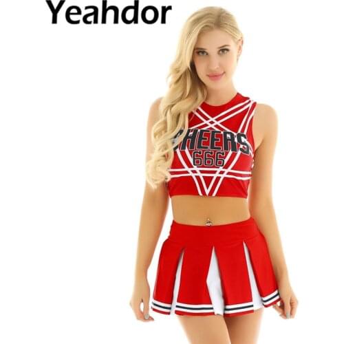 2Pcs Womens Adult Cheerleader Uniforms Cheerlead Cosplay Costume Set Pentagram Back Sleeveless Crop Top with Mini Pleated Skirt