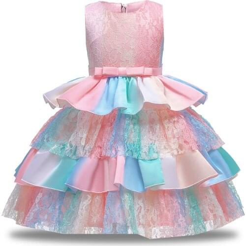 Summer Kids Colorful Dresses For Girls Children Costumes Girl Rainbow Party Tutu Dress Lace Wedding Princess Dress Birthday