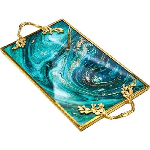 Stainless Steel Storage Tray Large Green Agate Glass Golden Handle Fruit Sanck Jewelry Display Plate Kitchen Organizer Metal