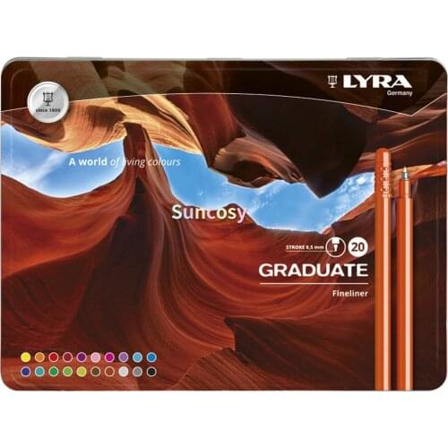 Lyra Graduate Fineliner Markers, 0.5mm tip,Assorted, Metal Box of 20, multicoloured, 25.0 x 1.5 x 18.5 cm (6771200)