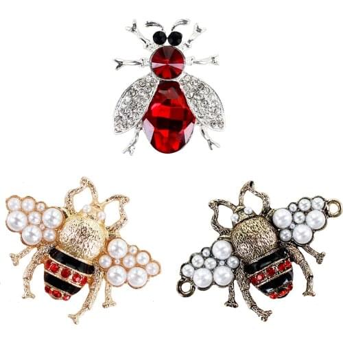 20pieces Metal Diamond Bee Badges Pearls Rhinestones Bee Patches Rivets for Belt Wallet Clothes Bags Craft Accessories TH1182