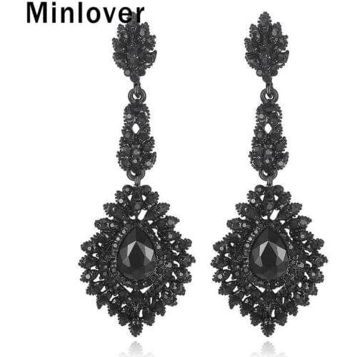Minlover Teardrop Crystal Bridal Long Dangle Earrings Black Color Chandelier Hanging Vintage Earring for Women Accessories EH192