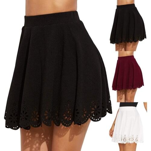 Fashion Womens Skirts Basic Versatile Stretchy Flared Solid Casual Mini Skater Skirt Hollow Skirt Wine Red Black Short Skirt