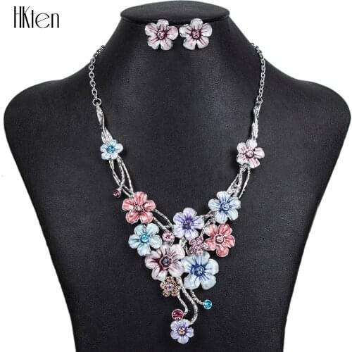 MS1504373Fashion Jewelry Sets Hight Quality 5Colors Necklace Sets For Women Jewelry Silver Plated Crystal Flower Design Gift
