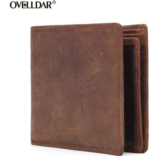 Mens Short Genuine Leather Wallet Men Brief Designer Multi-card Crazy Horse Leather Wallet Short Wallet Retro Mens Wallet