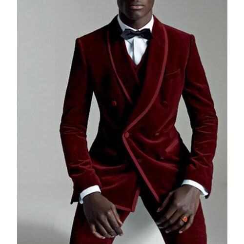 Wine Red Velvet Slim Fit Men Suits with Double Breasted Prom Wedding Tuxedos 2019 Fall 3 Piece Male Set Suit Jacket Vest Pants