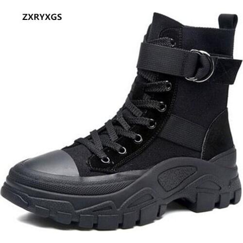 2020 New Spring Genuine Leather Canvas Shoes Martin Boots Womens Boots Platform Increase Trend Shoes Winter Boots Ankle Boots