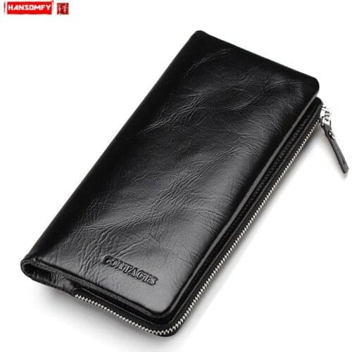 New Retro Genuine Leather Mens Wallet Casual Mobile Phone Clutch Bag Leather Zipper Coin Purses Male Card Holder Long Wallets