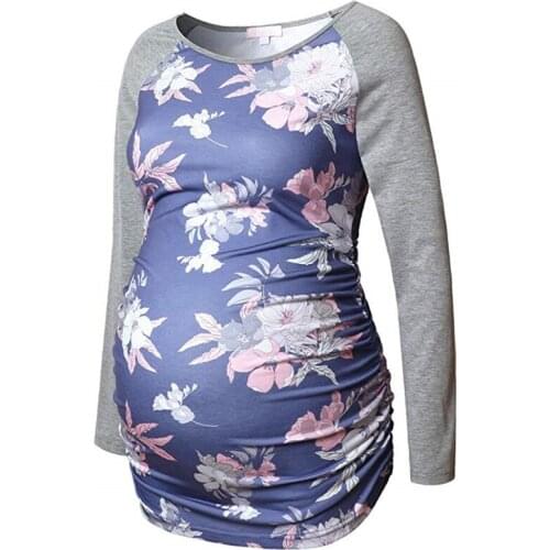 Pregnant Clothes For Maternity Women Side Ruched Pregnancy Female Floral Patchwork Tops Clothes Full Sleeve Casual Clothings
