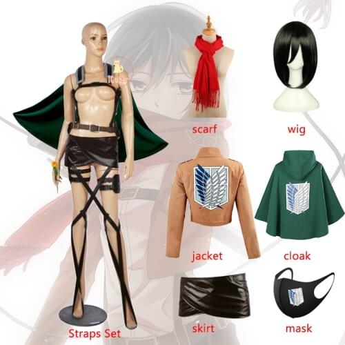 Attack on Titan Mikasa Ackerman Cosplay Costume Wig Cloak Wig Jacket Skirt Belt Straps Shingeki no Kyojin Mikasa Akkaman Scarf