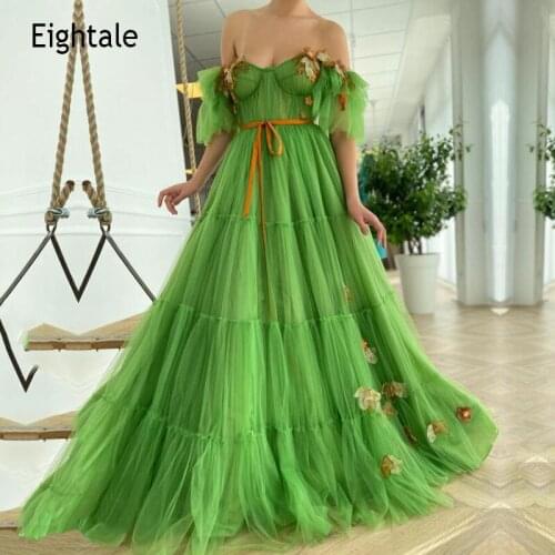 Eightale Fairy Prom Dresses Off the Shoulder Flowers Green A-Line Tulle Party Dress Celebrity Graduation vestido de fiesta largo