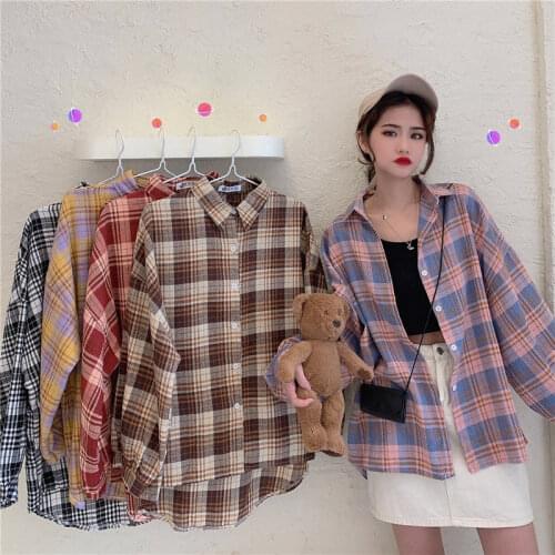 Deeptown Plaid Shirts Women Beautiful Blouse with Lush Sleeves Cardigan Korean Style 2021 Fashion Oversized Streetwear Casual BF