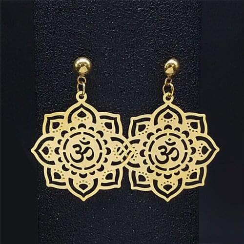Yoga Lotus Stainless Steel Flower of Life Boho Stud Earrings for Women Gold Color Earrings Jewelry boucles d’oreilles E9318S04