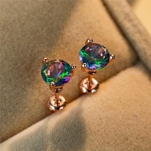 7MM Round Rainbow Zircon Mystic Fire Stone Spiral Stud Earrings for Women Rose Gold Filled Crystal Earrings Lady Wedding Jewelry