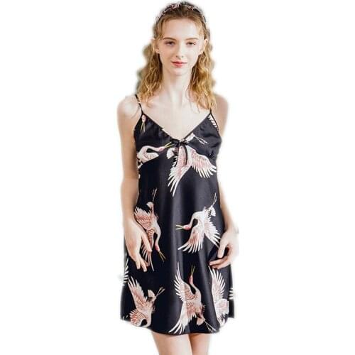 Silk Lingerie 3XL Silk Sexy Female Summer Sling Nightdress Female Printing Fairy Crane Home Service Women Sleepwear