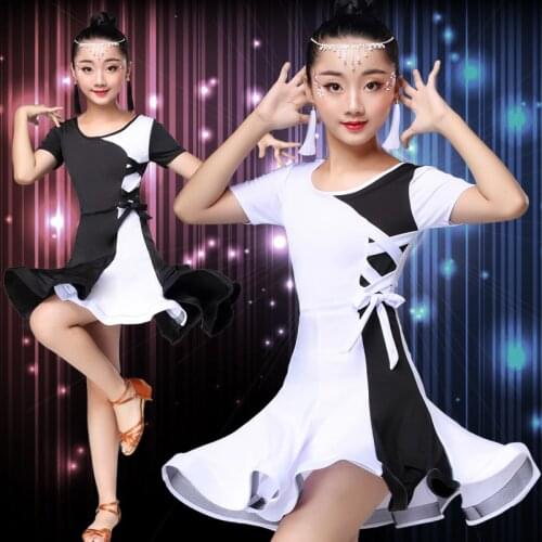 White Kids Latin Dance Competition Dresses Ballroom Black Short Sleeve Girls Latin Dance Costumes Dancing Dresses Stage Outfits