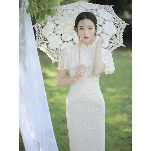 Oriental Dress Lace Cheongsams Plus Large Size White Qipao Dresses High-End Long Cheongsam Dress Woman Costume China Clothes