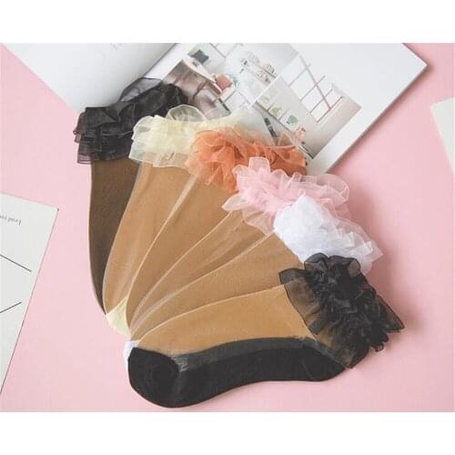 Lolita Women Lace Ruffle Ankle Socks Comfortable Lady Mid Tube Sock Mesh Transparent Short Socks B622