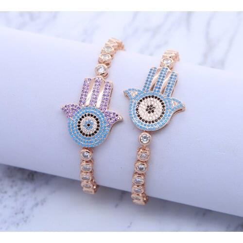 Rose Gold Color Cz Tennis Chain Hand Evil Eye Bracelet Adjustable Sparking Bling AAA Cubic Zirconia Bangle Elegant Women Jewelry