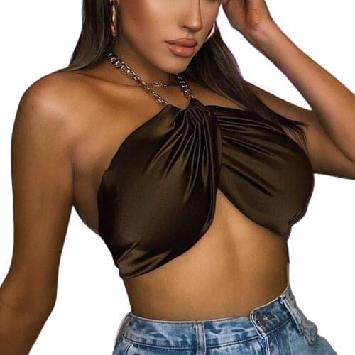 Women Summer Vest, Removable Chain Halter Off-Shoulder Sleeveless Lacing Straps Back Crop Tops for Girls, Army Green