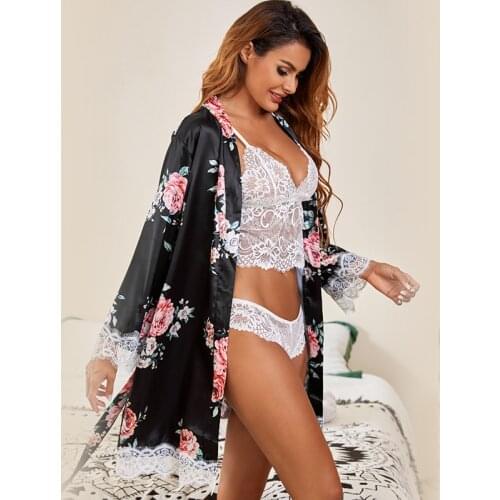 Womens Pajama Set Lace Satin Sleepwear Pyjamas Sexy Summer Nightwear With Pants Casual Home Wear Kimono Robe Gown Homewear PJS