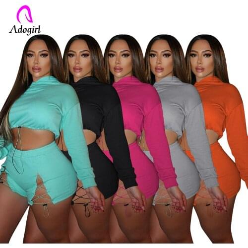 Tracksuit Women 2 Piece Set Solid Hooded Crop Top Skinny Bandage Biker Shorts Matching Set 2021 Autumn Fitness Short Jogger Set