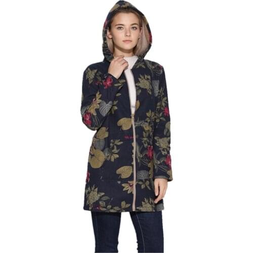 Autumn Winter Hooded Coat Women Warm Female Outwear Vintage Floral Print Hooded Pockets Retro Oversize Winter Jacket Women
