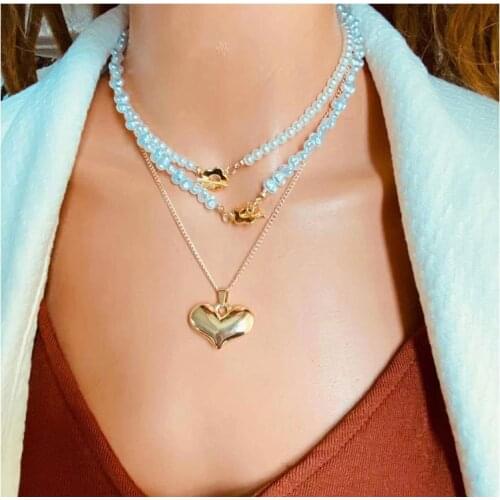 Gold Alloy Heart Pendant Round Irregular Pearl Chain Choker For Women Vintage Necklace Party Gifts Statement Collar 3pcs/set