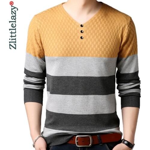 2020 casual knitted V neck sweater men pullover clothing fashion tops button clothes striped warm mens sweaters pullovers 91501