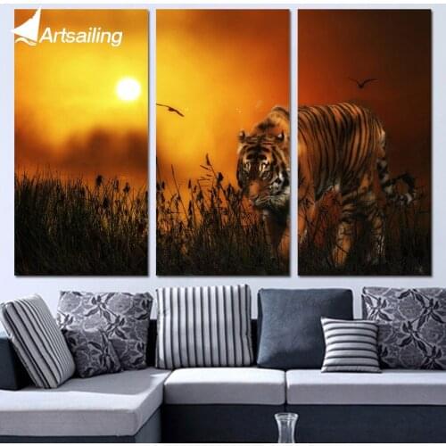 3 Panels Canvas Art Tiger Hunting Land Sunset Home Decor Wall Art Painting Canvas Prints Pictures for Living Room Poster XA1171B