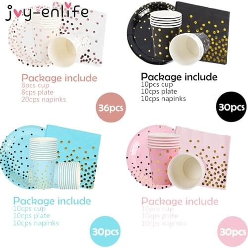 30pcs Bronzing rose Gold Foil Dots Tablewares Paper Towel Cup Plate Disposable set Adult Birthday Party Decor Wedding Tableware