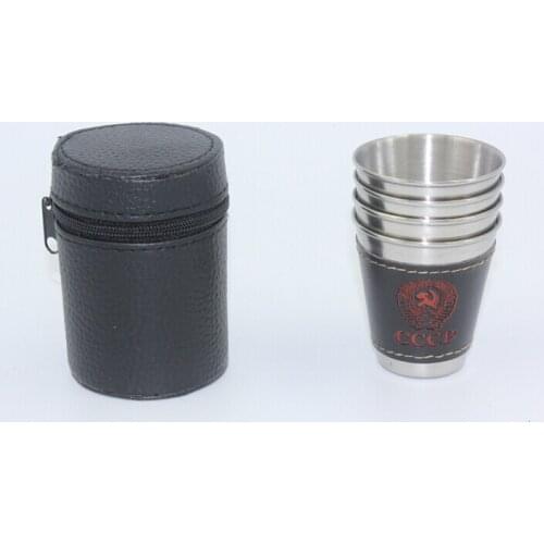 4pcs/lot 30ml 70ml 150ml 304 Stainless Steel Cups with PU Leather Wine Beer Coffee Whiskey Cup Outdoor Travel Cup Set JZ 1123