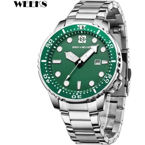 Mens Quartz Watch Waterproof Green Dial Full Stainless Steel Reloj Male Luxury Brand Chronograph Calendar Date Men Wristwatch