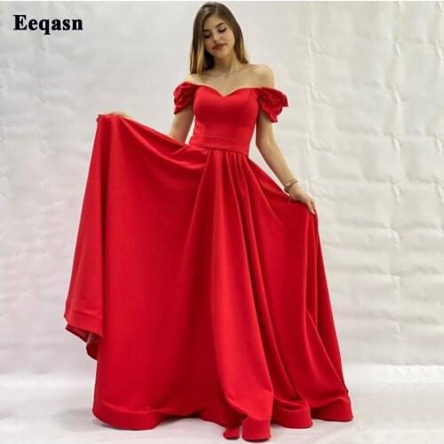 Eeqasn Red A Line Satin Evening Dresses Long Pearls Off The Shoulder Sweetheart Womens Prom Gowns Formal Special Occasion Dress