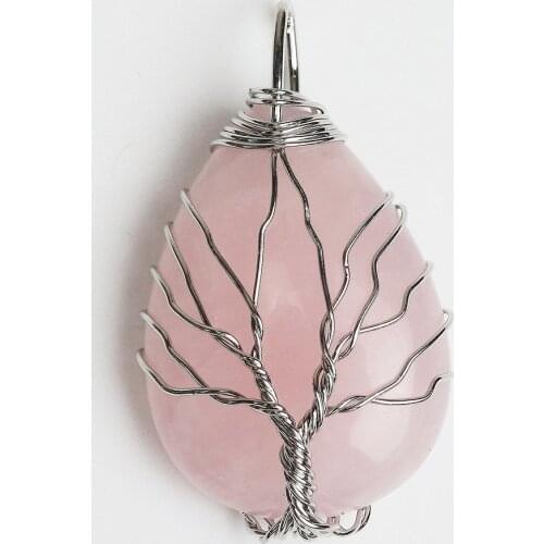 Teardrop Rose Pink Quartz Crystal Wire Wrap Handmade Tree of Life Drop Shape Natural Pendants