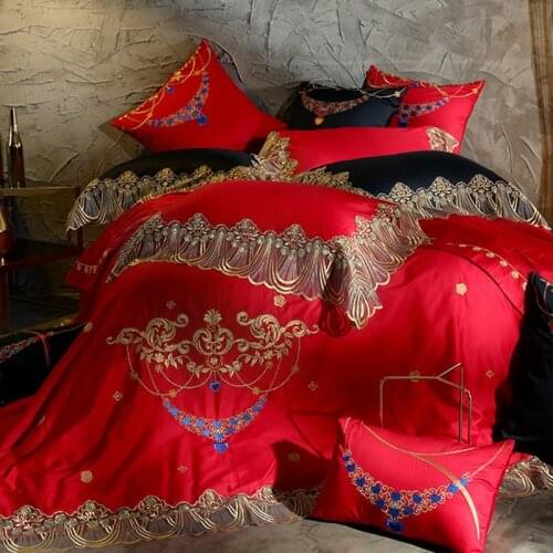 Red 80S Egyptian Cotton Luxury Princess Royal Bedding set Queen King Lace Duvet cover Bed sheet/Linen set Pillowcase 4/6pcs