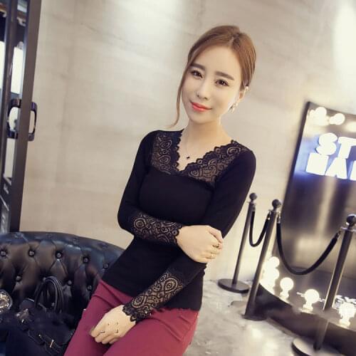 ) Lace Long-Sleeved Womens T-shirt V-neck Black Top Woman Tshirts Tops Mujer Camisetas