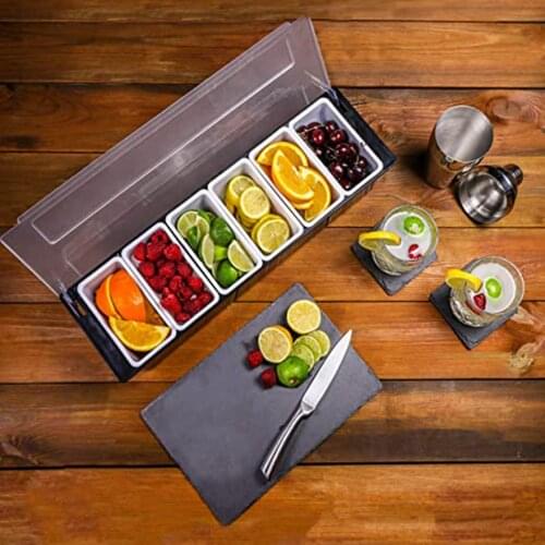 Multifunctional 6 Tray Plastic Garnish Station Compartment Black Plastic Condiment Holder Salad Fruit Food Container Box