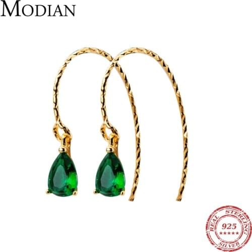 Modian 100% 925 Sterling Silver Simple Green Crystal Water Drop Earrings Fashion Charm Gold Color Dangle Ear For Women Jewelry
