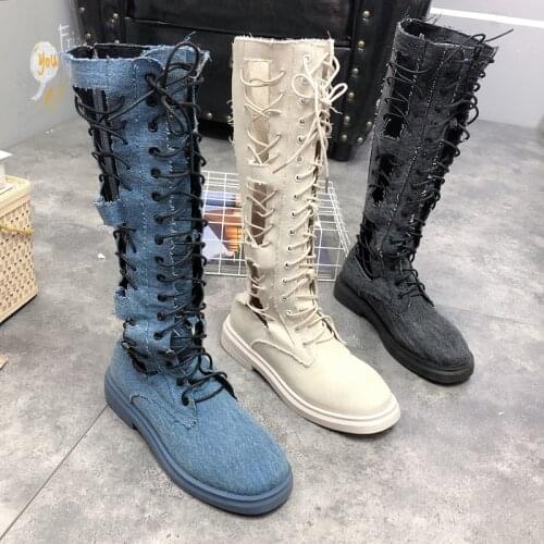 British College Style Flat Bottom Fashion Casual Ladies High Tube Knight Boots Summer Breathable Denim Hollow Mesh Boots Fashion
