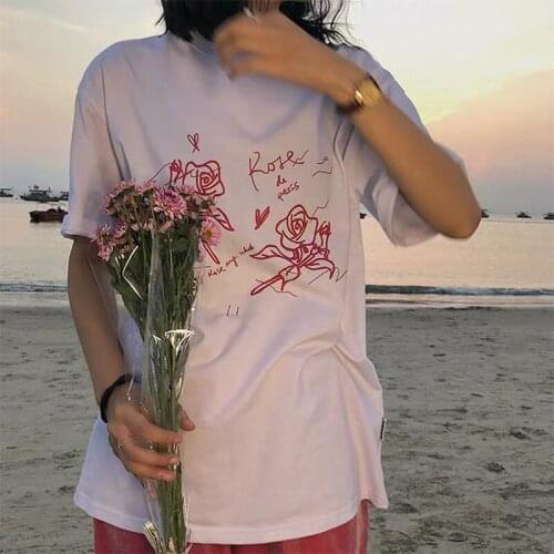 Hillbilly Ins Fashion Rose Flower Printed Women Aesthetic Tshirts 100% Cotton Graphic Tees Loose Short Sleeve Vintage Shirts