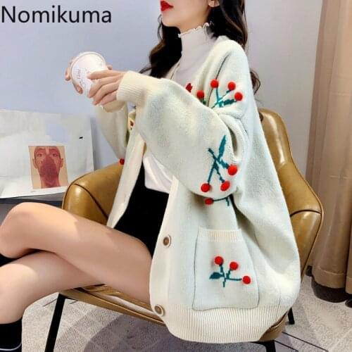 Nomikuma Fashion Cherry Sweater Cardigan Women Causal Knitted Coat 2020 Autumn Winter Lantern Long Sleeve Pull Femme 6B666