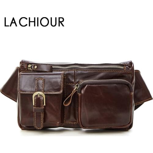 Lachiour Genuine Leather Waist Bag for Men Phone Pouch Fanny Pack Bags Male Waist Packs Mens Sling Shoulder Bag