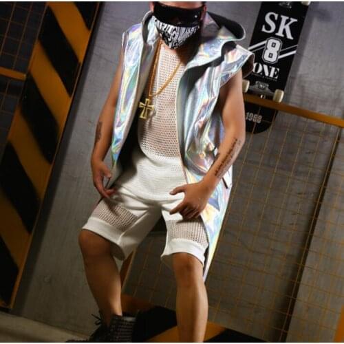 Men vest Colorful PU clothing Hooded sleeveless camiseta tirantes hombre personalized singer dance stage street star style dress
