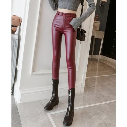 2020 New Style Autumn Winter Coated Leather Leggings Womens Slimming Velvet Tight Pressure Leather Pants Boots 960J