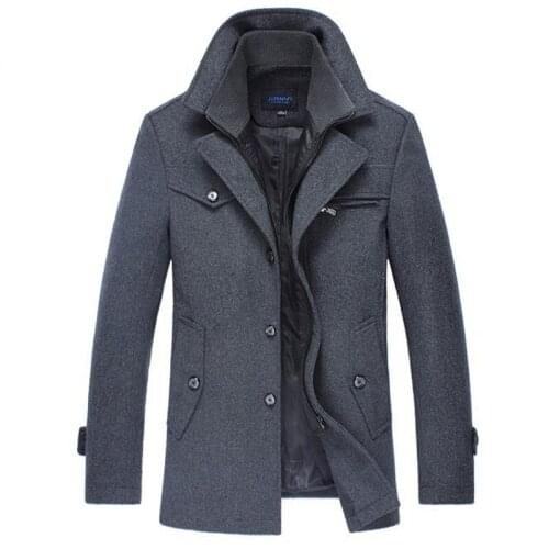 Autumn Winter Men Business Casual Woolen Coat Warm Trench Coat Slim Fit Wool Pea Coat Cotton-padded Outerwear Plus Size M-5XL-E